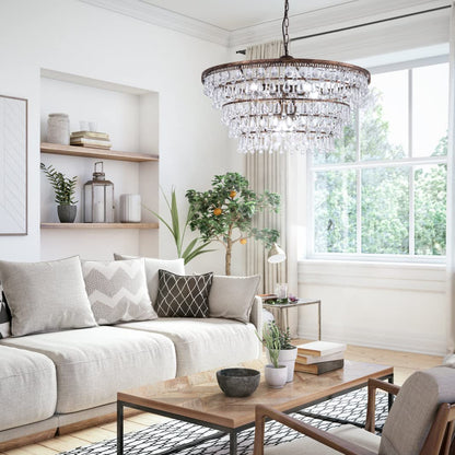 Wellmet 28" bronze crystal chandelier, 5-tier farmhouse style, multi-room hanging fixture.