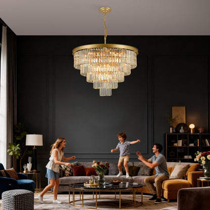 30" gold crystal chandelier, 20-light, 5-tier round design for dining/entry/kitchen island.