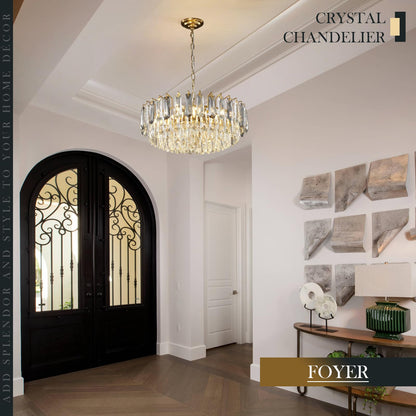 XIAOQIWU 23.6" crystal chandelier, gold + grey crystals, 12-light 3-tier luxury pendant.