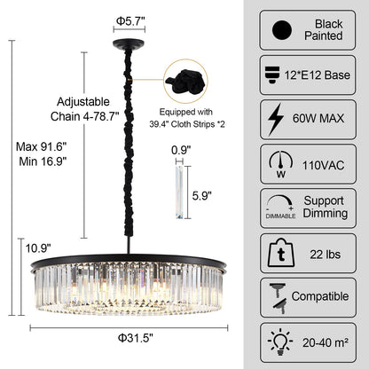 31.5" black crystal chandelier, 12-light 3-ring luxury design for living/dining/entry.