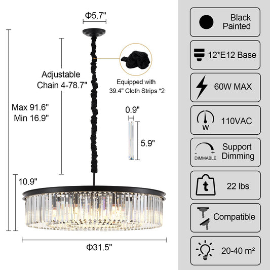 31.5" black crystal chandelier, 12-light 3-ring luxury design for living/dining/entry.