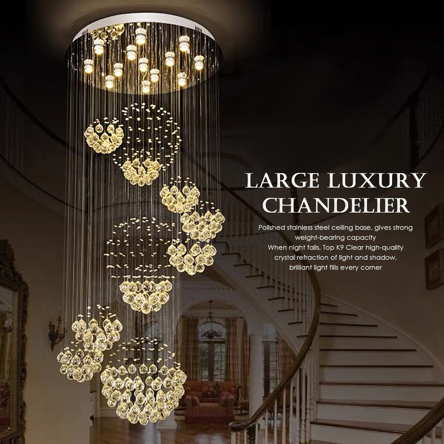 Siljoy modern foyer chandelier, spiral sphere design, raindrop crystal, 31.5" W × 110" H, high ceiling/staircase.