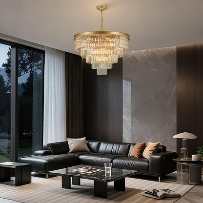30" gold crystal chandelier, 20-light, 5-tier round design for dining/entry/kitchen island.
