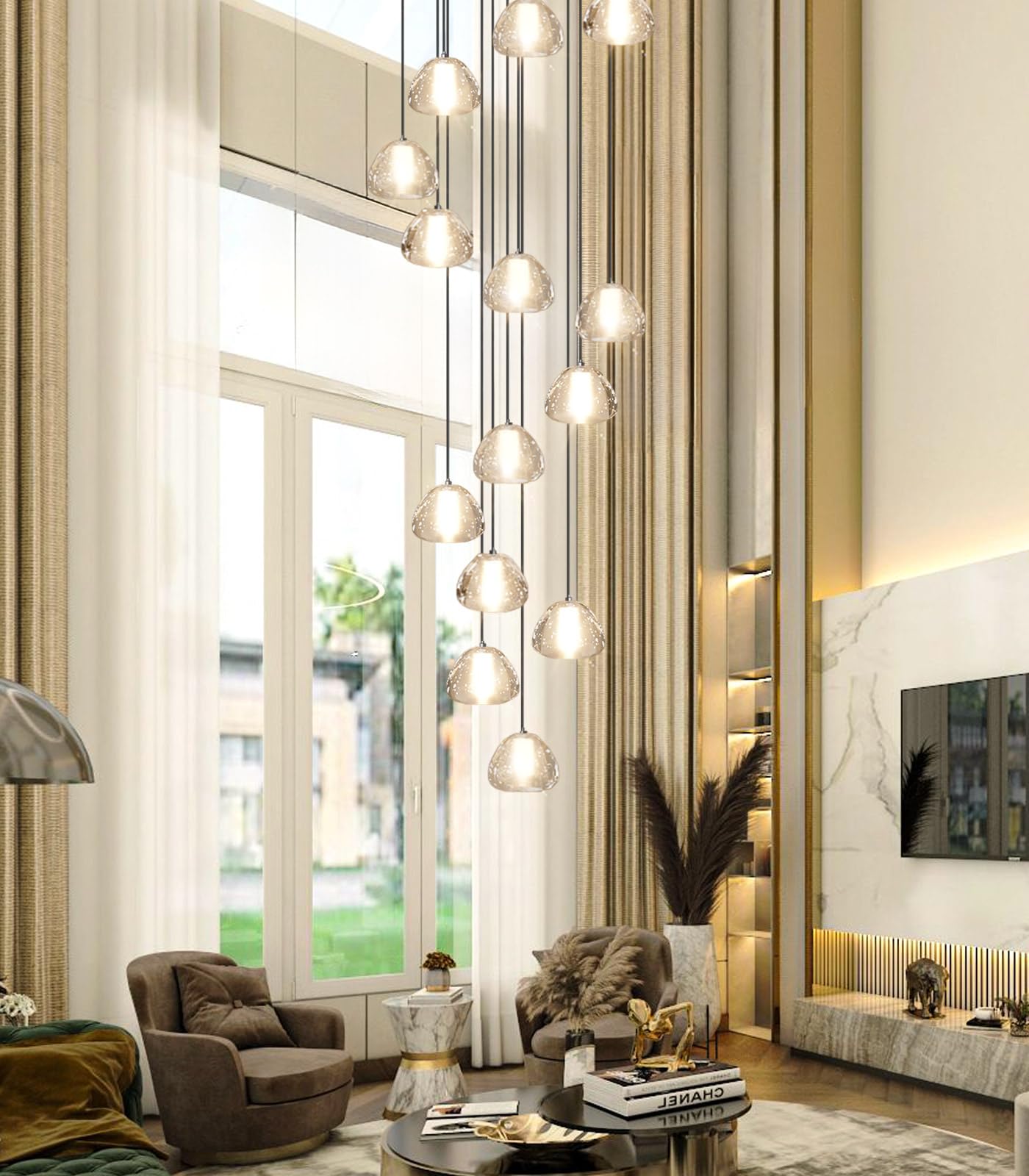 dolria extra-long black LED staircase chandelier, 118", adjustable modern linear fixture.