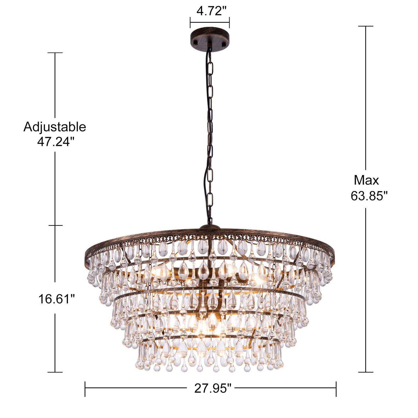 Wellmet 28" bronze crystal chandelier, 5-tier farmhouse style, multi-room hanging fixture.