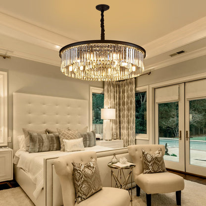 31.5" black crystal chandelier, 12-light 3-ring luxury design for living/dining/entry.