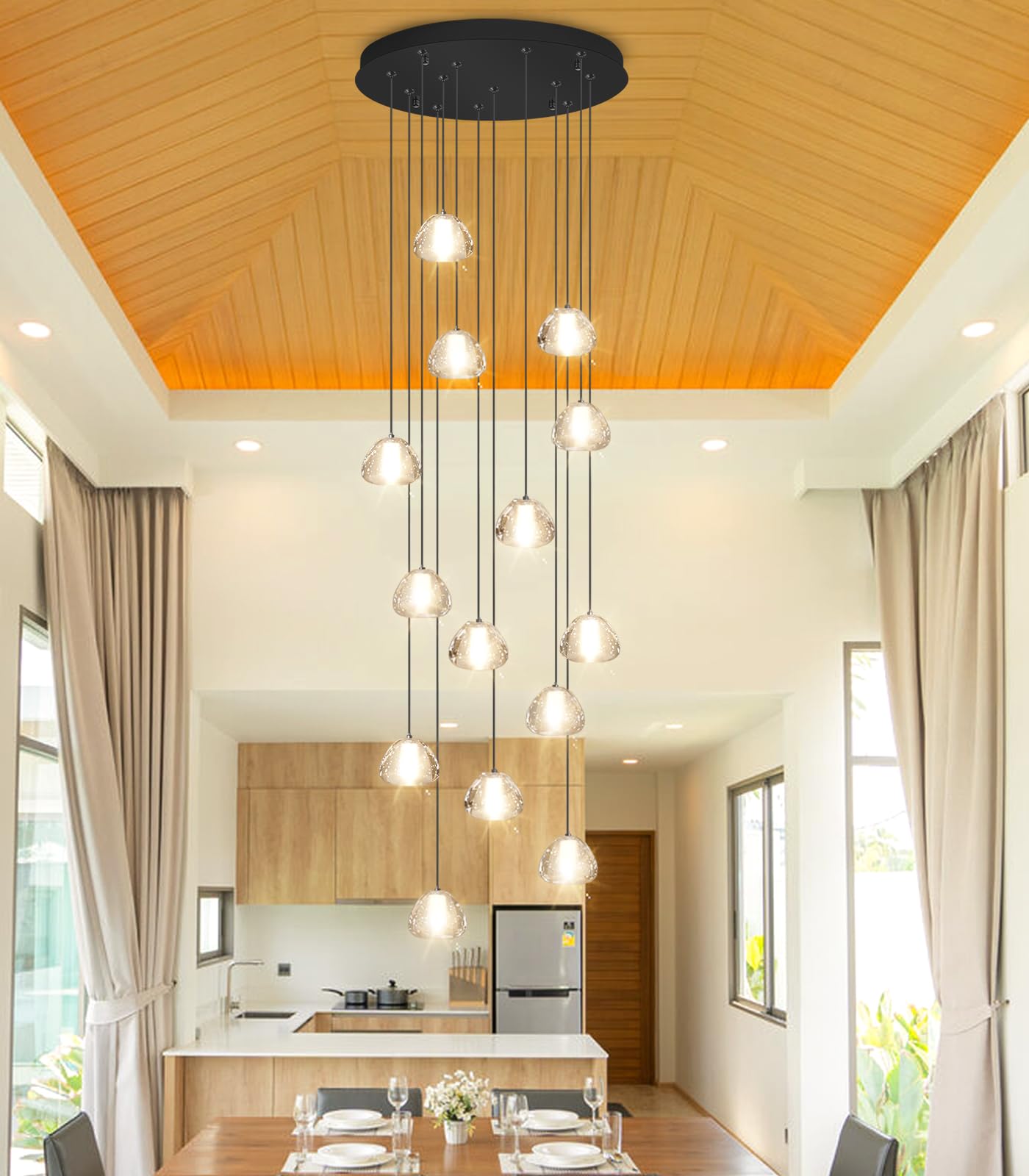 dolria extra-long black LED staircase chandelier, 118", adjustable modern linear fixture.