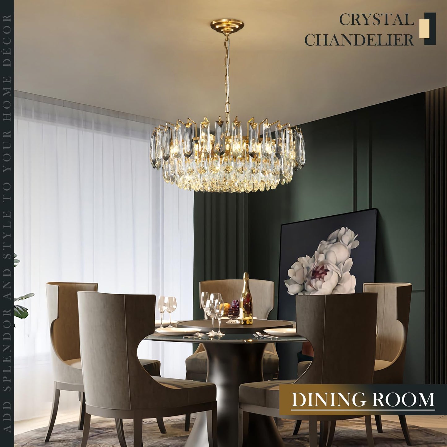 XIAOQIWU 23.6" crystal chandelier, gold + grey crystals, 12-light 3-tier luxury pendant.