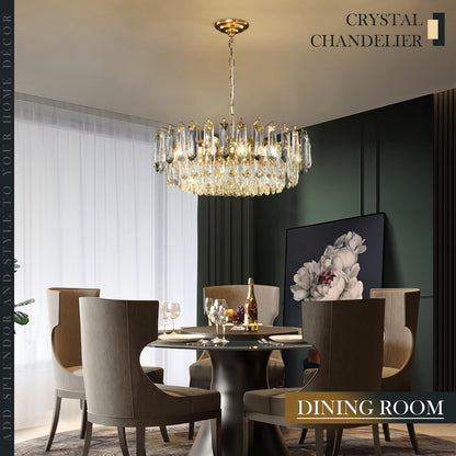 XIAOQIWU 23.6" crystal chandelier, gold + grey crystals, 12-light 3-tier luxury pendant.