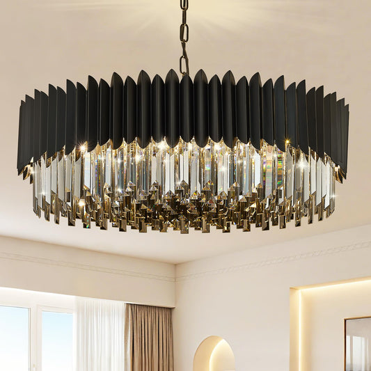YOLIZUOT 30" black crystal chandelier, 12-light, 6-tier K9 smoke gray crystals, modern large pendant.