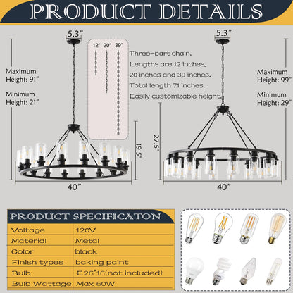 JTYKHNM 40" black wagon wheel chandelier, 16-light farmhouse glass pendant for large spaces.
