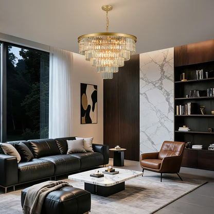 30" gold crystal chandelier, 20-light, 5-tier round design for dining/entry/kitchen island.