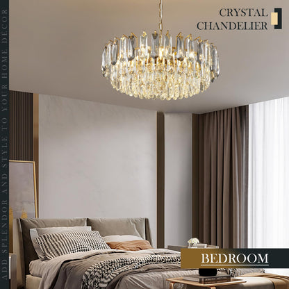 XIAOQIWU 23.6" crystal chandelier, gold + grey crystals, 12-light 3-tier luxury pendant.