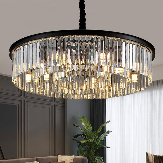 31.5" black crystal chandelier, 12-light 3-ring luxury design for living/dining/entry.