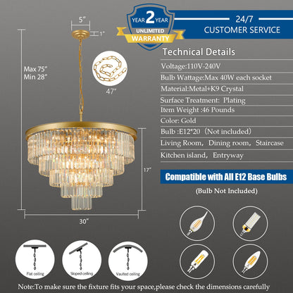 30" gold crystal chandelier, 20-light, 5-tier round design for dining/entry/kitchen island.