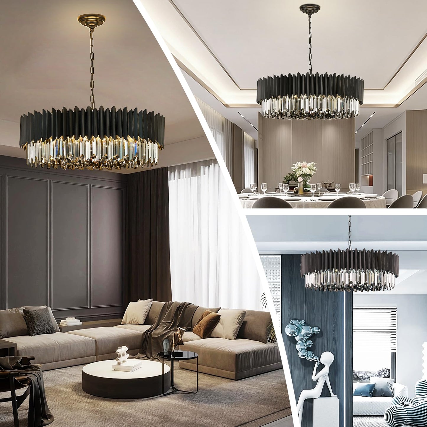 YOLIZUOT 30" black crystal chandelier, 12-light, 6-tier K9 smoke gray crystals, modern large pendant.