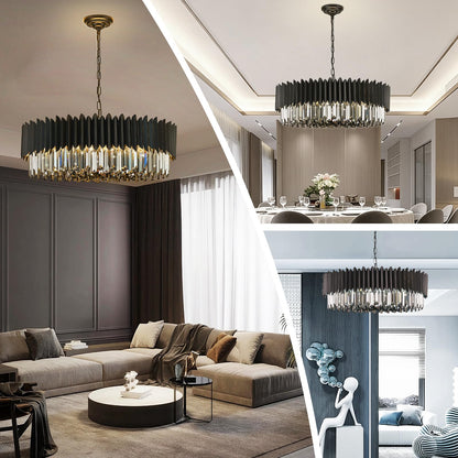 YOLIZUOT 30" black crystal chandelier, 12-light, 6-tier K9 smoke gray crystals, modern large pendant.