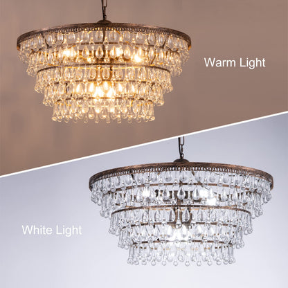 Wellmet 28" bronze crystal chandelier, 5-tier farmhouse style, multi-room hanging fixture.
