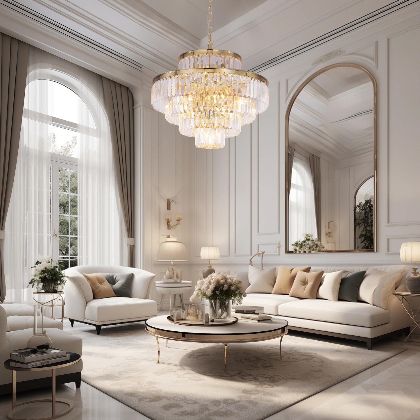 GMlixin 24" gold crystal chandelier, 12-light, modern pendant for dining/living/foyer/hallway.