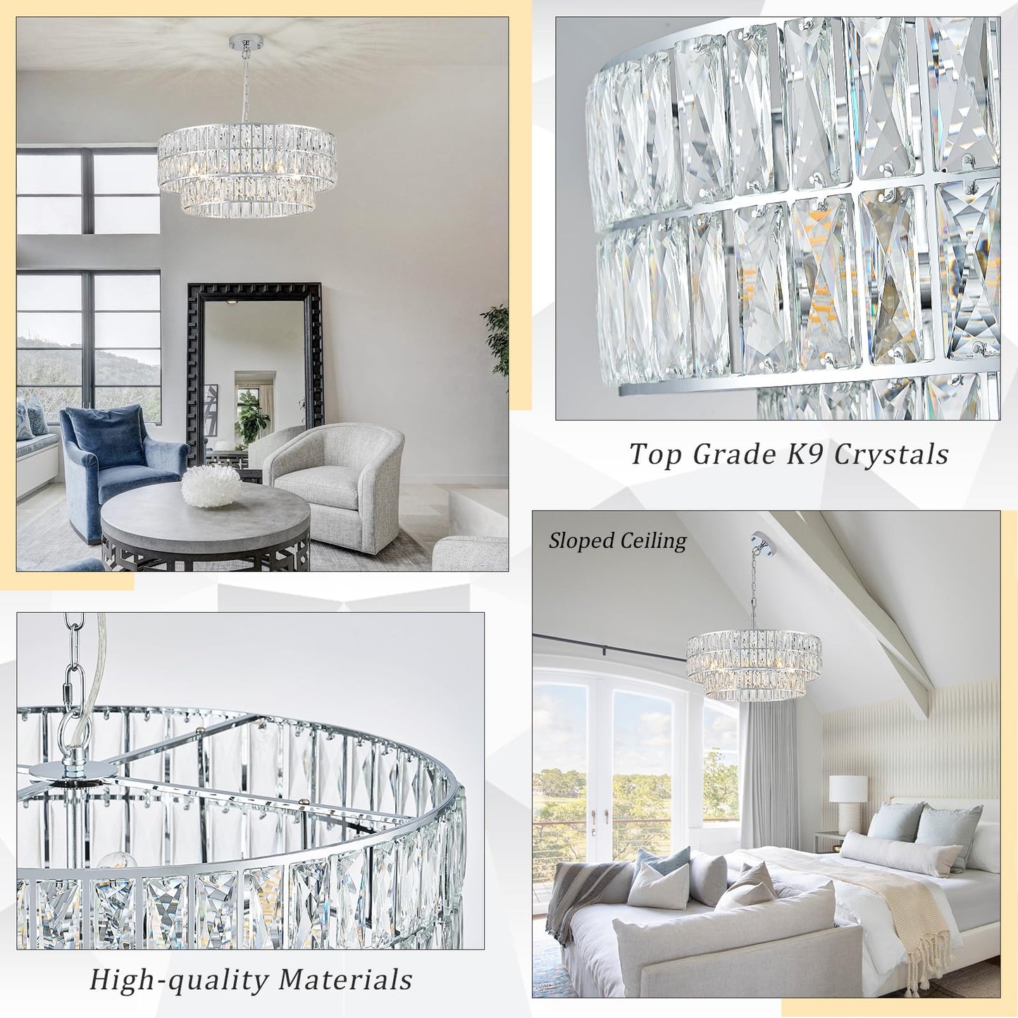 24" chrome crystal chandelier, 8-light semi flush mount, round modern fixture for multiple rooms.