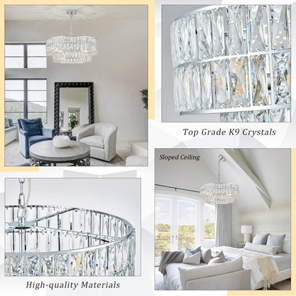 24" chrome crystal chandelier, 8-light semi flush mount, round modern fixture for multiple rooms.