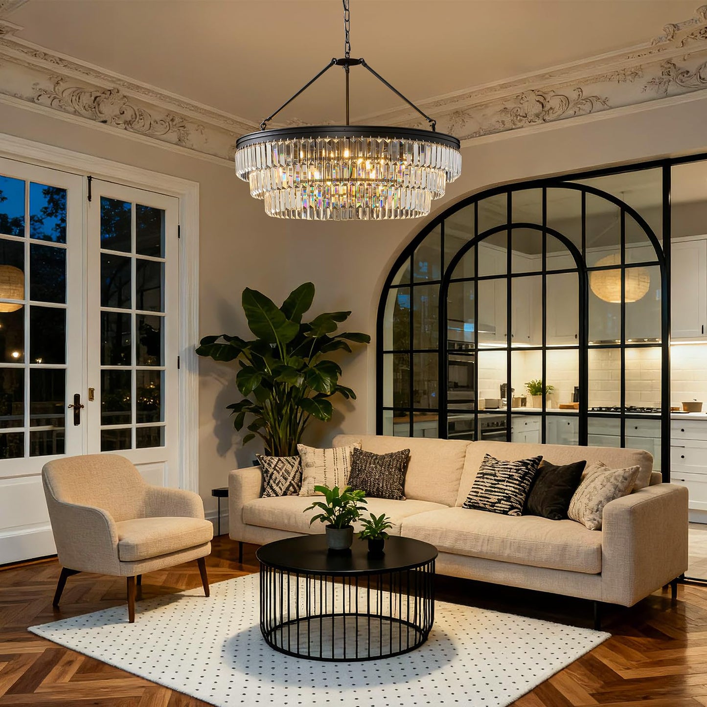 28" black modern crystal chandelier, K9 crystals, adjustable large dining/bedroom/foyer light.