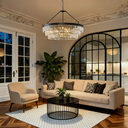 28" black modern crystal chandelier, K9 crystals, adjustable large dining/bedroom/foyer light.