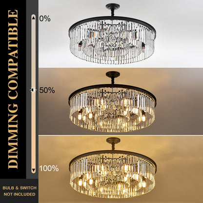 31.5" black crystal chandelier, 12-light 3-ring luxury design for living/dining/entry.