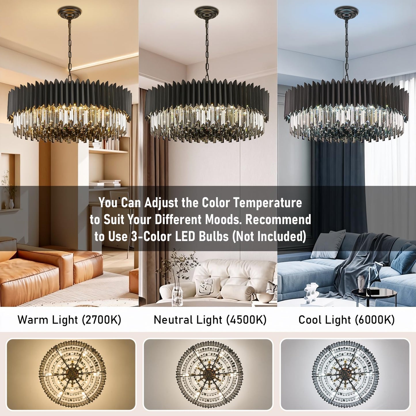 YOLIZUOT 30" black crystal chandelier, 12-light, 6-tier K9 smoke gray crystals, modern large pendant.