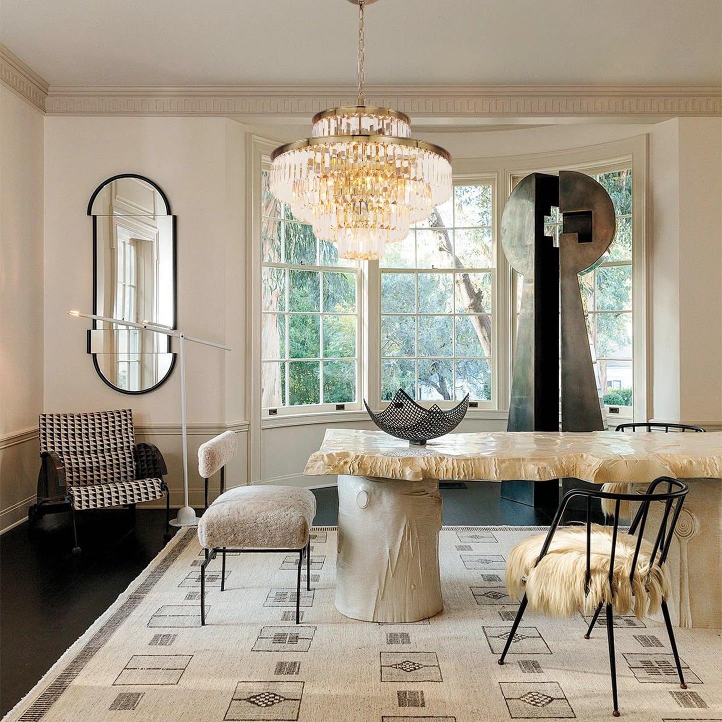 GMlixin 24" gold crystal chandelier, 12-light, modern pendant for dining/living/foyer/hallway.