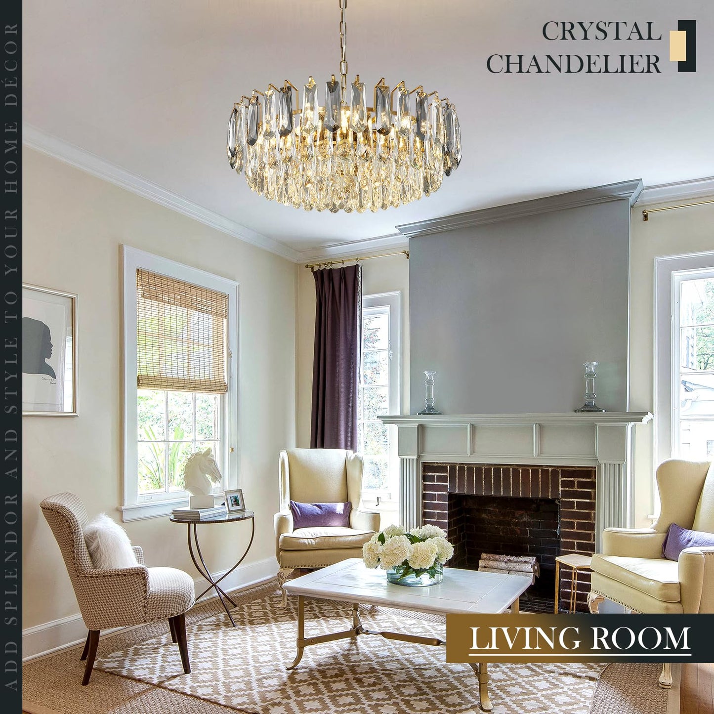 XIAOQIWU 23.6" crystal chandelier, gold + grey crystals, 12-light 3-tier luxury pendant.