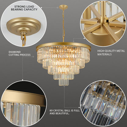 30" gold crystal chandelier, 20-light, 5-tier round design for dining/entry/kitchen island.