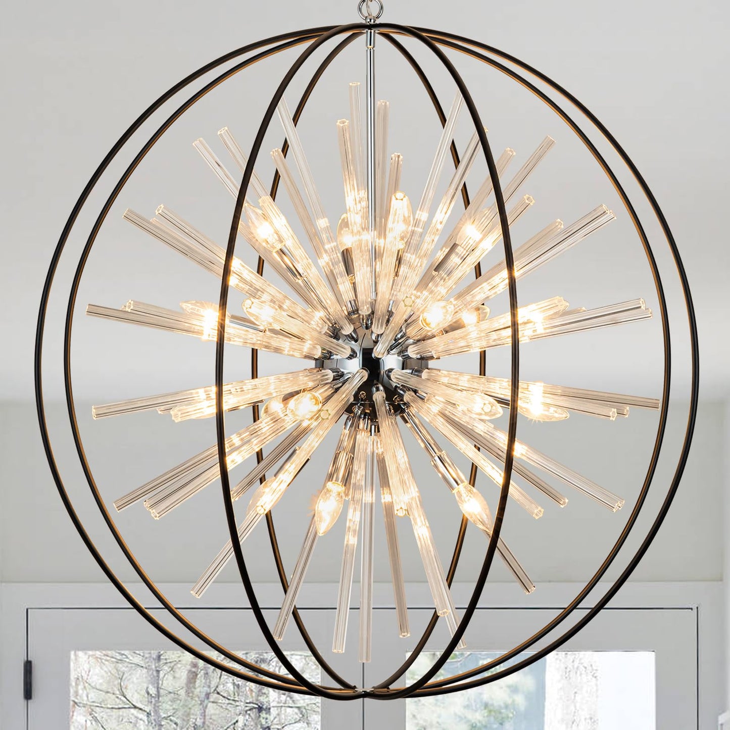 Vezzio 35" black globe crystal chandelier, 20-light modern round fixture for high ceilings.