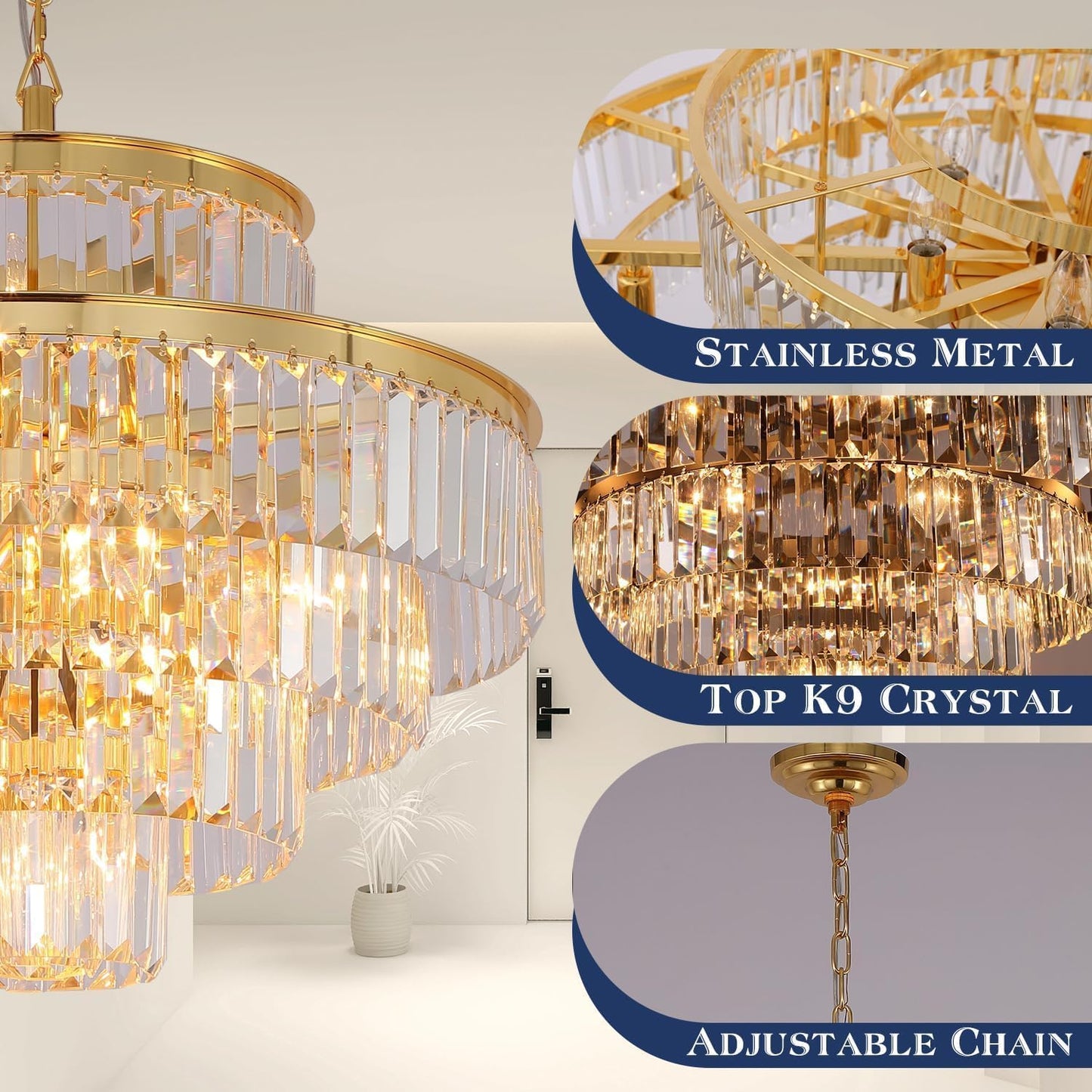 GMlixin 24" gold crystal chandelier, 12-light, modern pendant for dining/living/foyer/hallway.