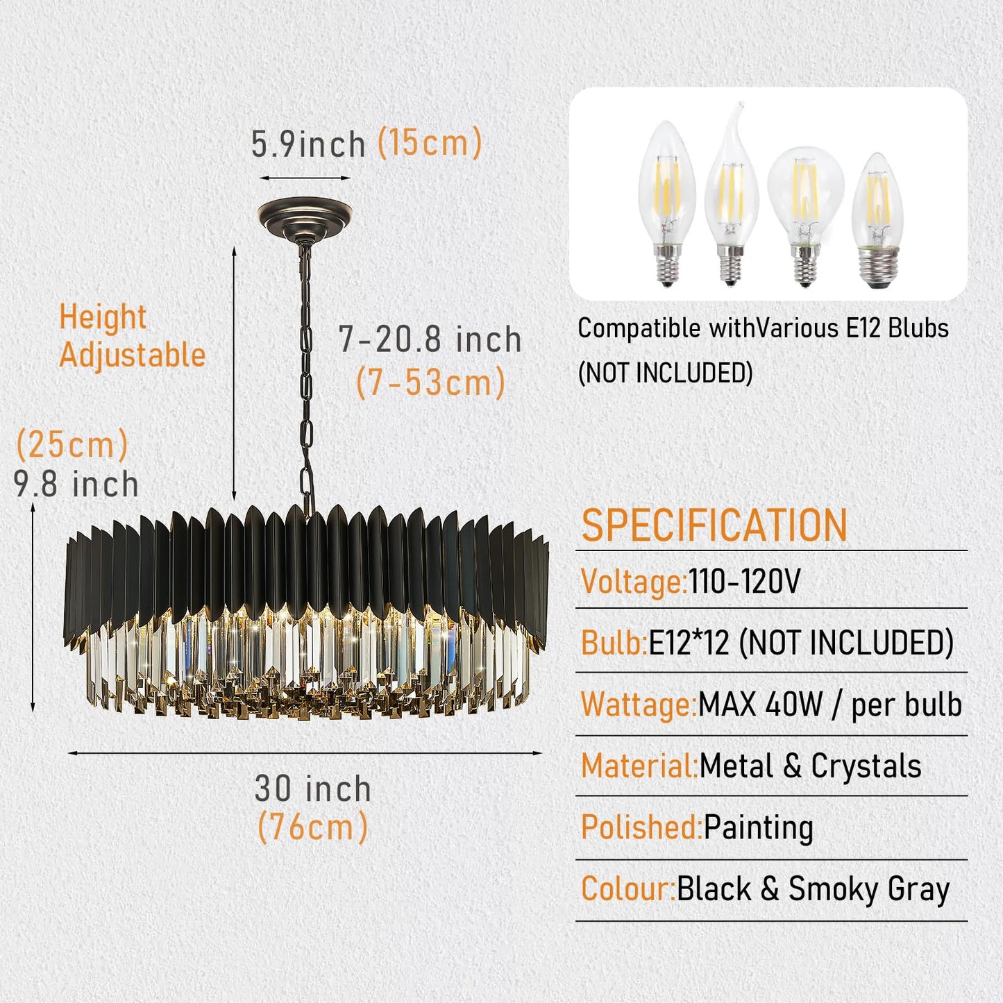 YOLIZUOT 30" black crystal chandelier, 12-light, 6-tier K9 smoke gray crystals, modern large pendant.