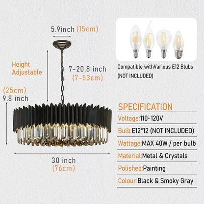 YOLIZUOT 30" black crystal chandelier, 12-light, 6-tier K9 smoke gray crystals, modern large pendant.