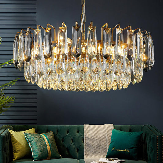 XIAOQIWU 23.6" crystal chandelier, gold + grey crystals, 12-light 3-tier luxury pendant.