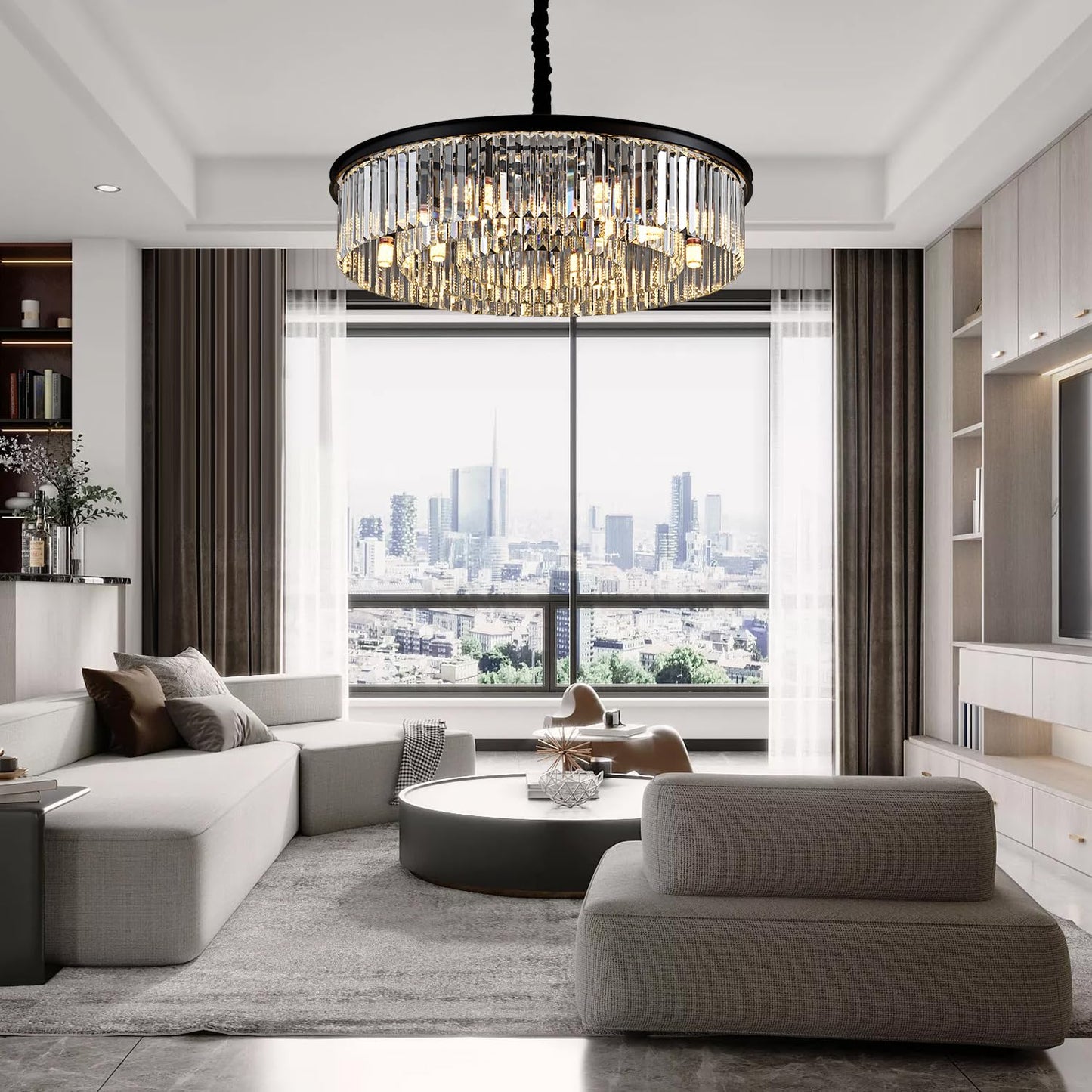 31.5" black crystal chandelier, 12-light 3-ring luxury design for living/dining/entry.