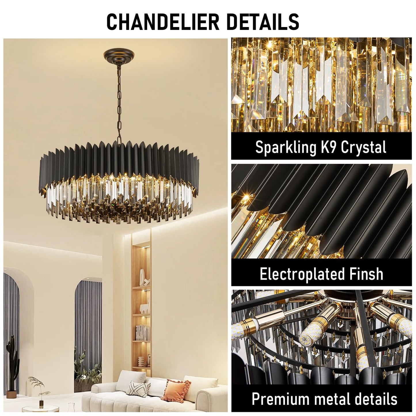 YOLIZUOT 30" black crystal chandelier, 12-light, 6-tier K9 smoke gray crystals, modern large pendant.
