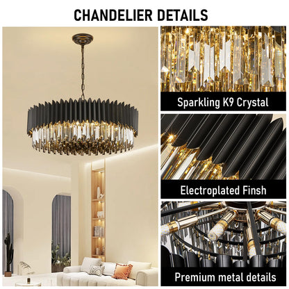 YOLIZUOT 30" black crystal chandelier, 12-light, 6-tier K9 smoke gray crystals, modern large pendant.