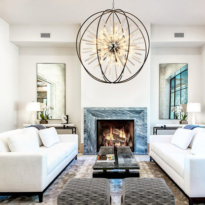 Vezzio 35" black globe crystal chandelier, 20-light modern round fixture for high ceilings.