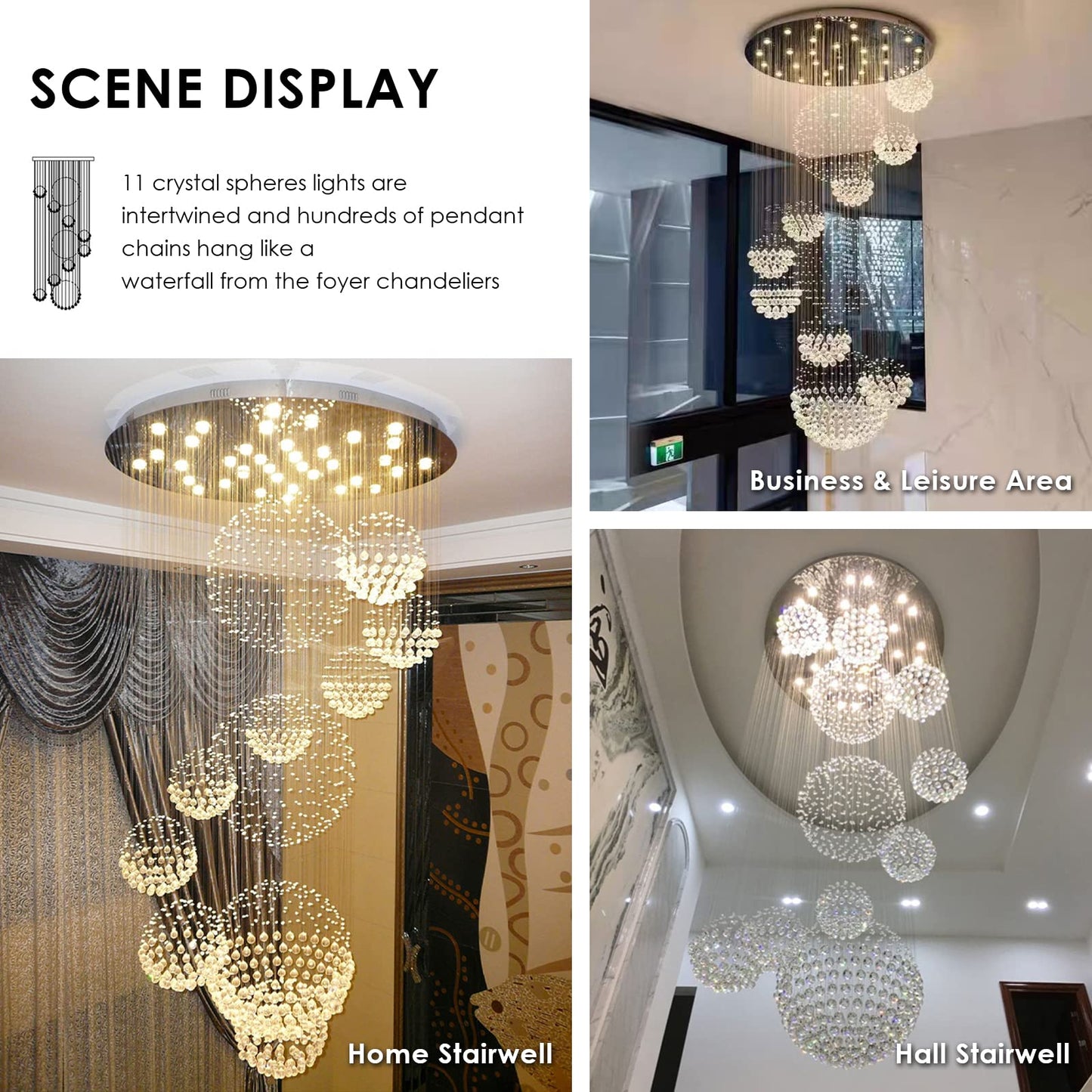 Siljoy modern foyer chandelier, spiral sphere design, raindrop crystal, 31.5" W × 110" H, high ceiling/staircase.
