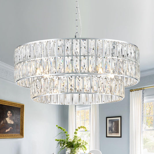 24" chrome crystal chandelier, 8-light semi flush mount, round modern fixture for multiple rooms.