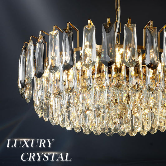 XIAOQIWU 23.6" crystal chandelier, gold + grey crystals, 12-light 3-tier luxury pendant.