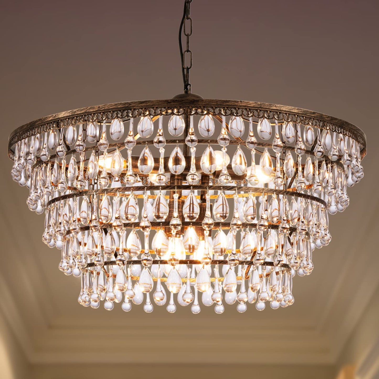 Wellmet 28" bronze crystal chandelier, 5-tier farmhouse style, multi-room hanging fixture.