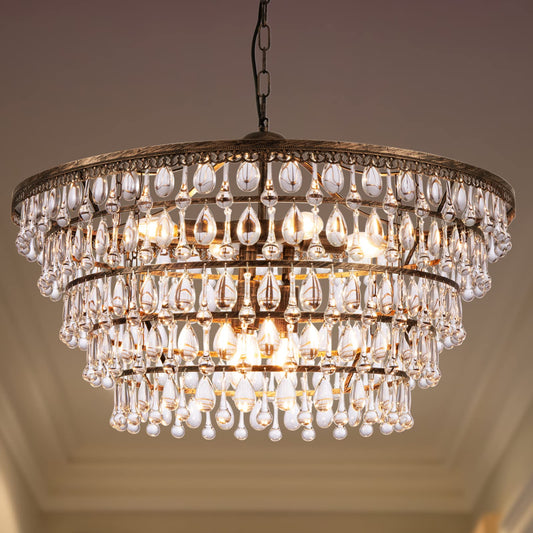 Wellmet 28" bronze crystal chandelier, 5-tier farmhouse style, multi-room hanging fixture.