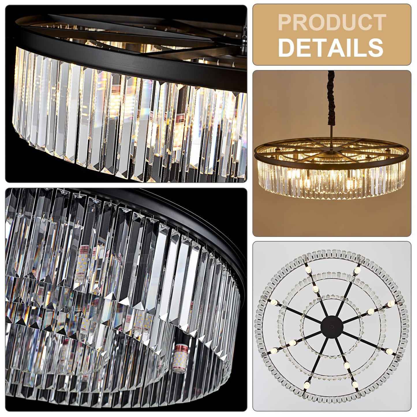 31.5" black crystal chandelier, 12-light 3-ring luxury design for living/dining/entry.